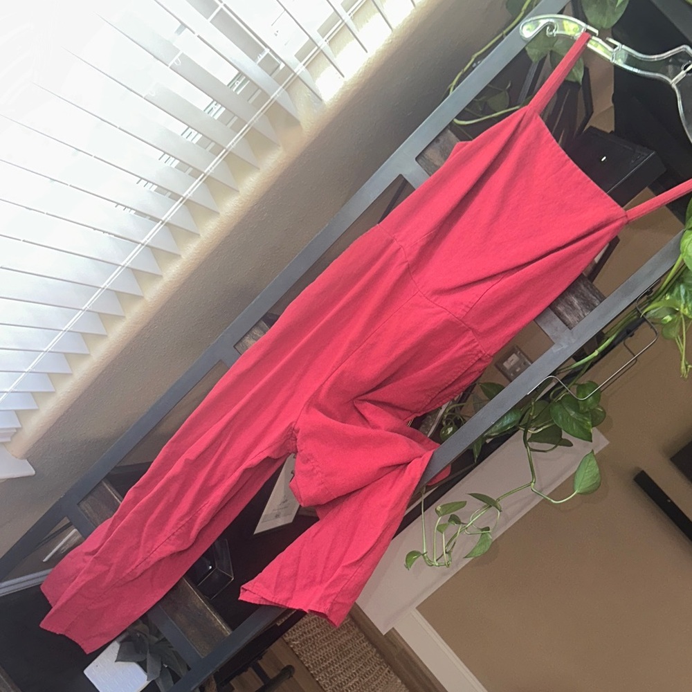 Women's Red Linen Jumpsuit with Adjustable Straps